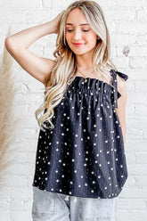 Daisy Polka Dot Print Smocked Ruffle Tank Top And the Why BLACK S